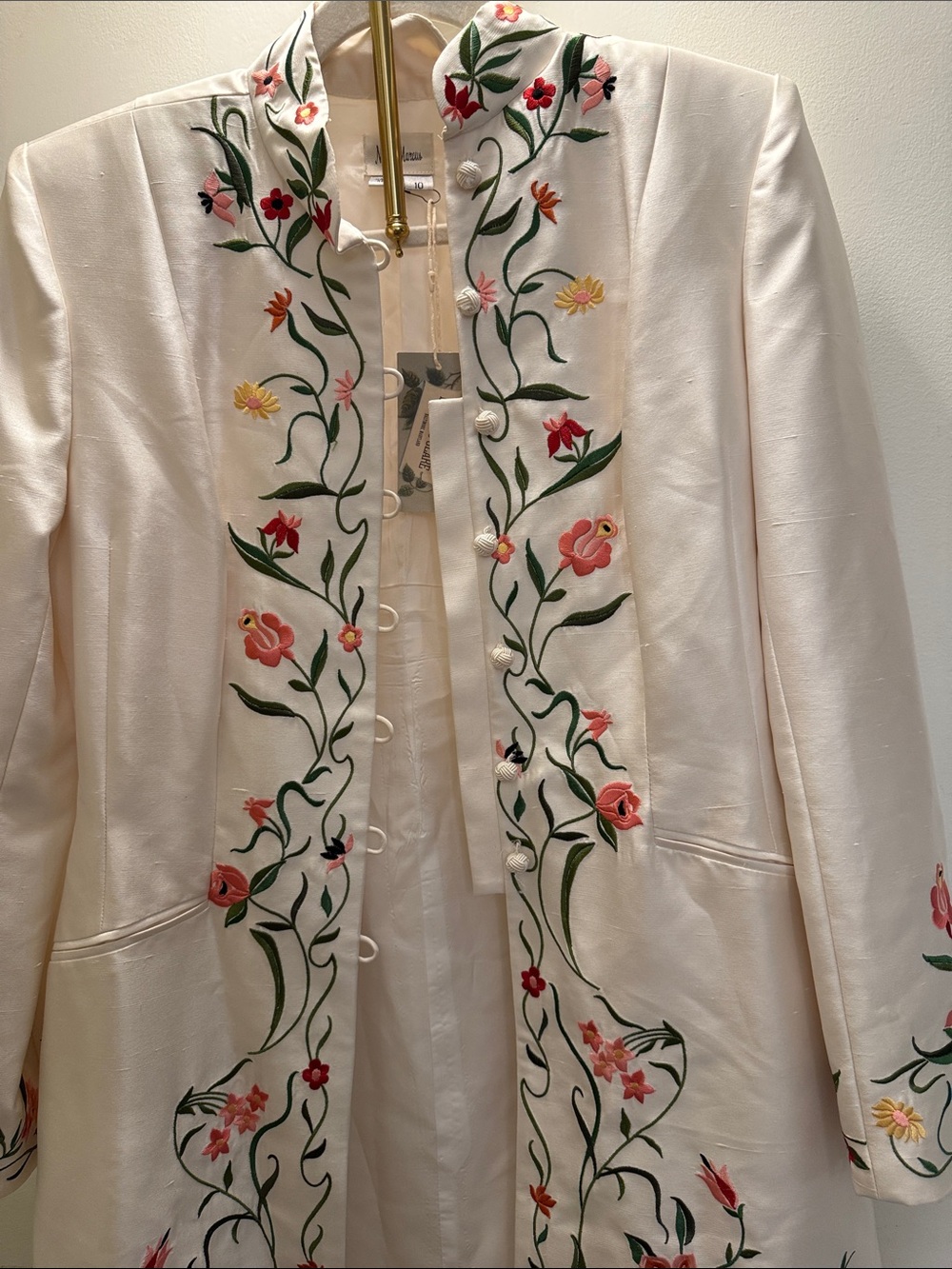 Neiman Marcus Cream Longline Blazer with Multicolor Floral Embroidery